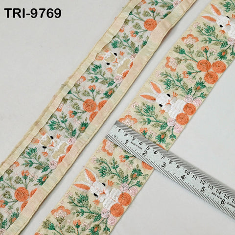 9 Yard Rabbit Embroidery Ribbon 8cm Indian Embroidered Fabric Trim Laces Sari Border Sewing Kids Accessory Junk Journals DIY Crafting Beige