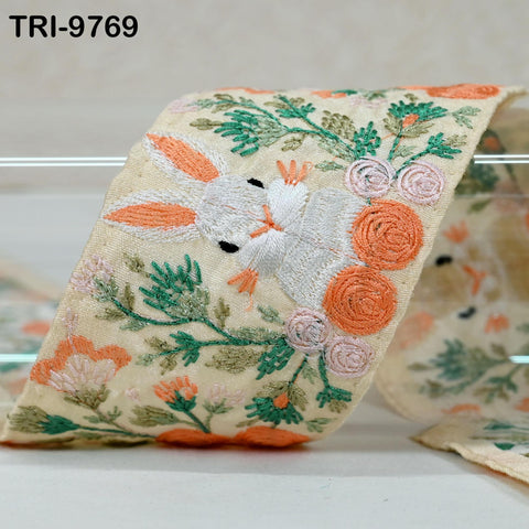 3 Yard Rabbit Embroidery Ribbon Indian Embroidered Fabric Trim Laces Sari Border Sewing Kids Accessory Junk Journals DIY Crafting Beige 8cm