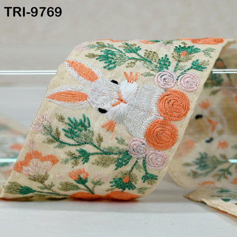 9 Yard Rabbit Embroidery Ribbon 8cm Indian Embroidered Fabric Trim Laces Sari Border Sewing Kids Accessory Junk Journals DIY Crafting Beige
