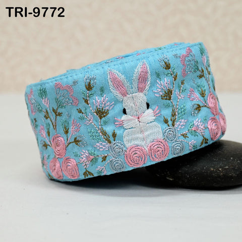 9 Yard Rabbit Embroidery Ribbon 8cm Indian Embroidered Fabric Trim Laces Sari Border Sewing Kids Accessory Junk Journals DIY Crafting Blue