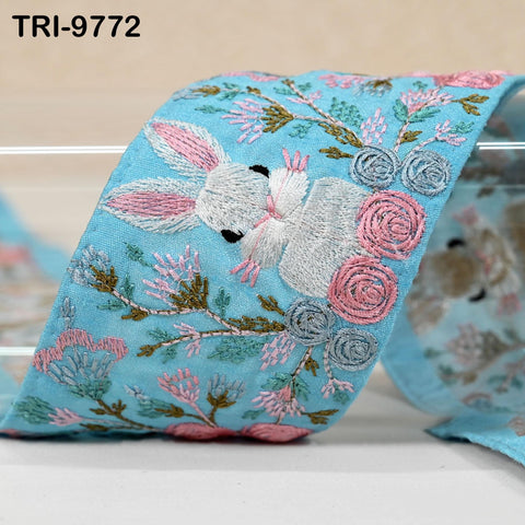 9 Yard Rabbit Embroidery Ribbon 8cm Indian Embroidered Fabric Trim Laces Sari Border Sewing Kids Accessory Junk Journals DIY Crafting Blue