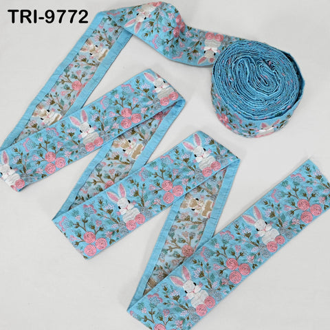 9 Yard Rabbit Embroidery Ribbon 8cm Indian Embroidered Fabric Trim Laces Sari Border Sewing Kids Accessory Junk Journals DIY Crafting Blue