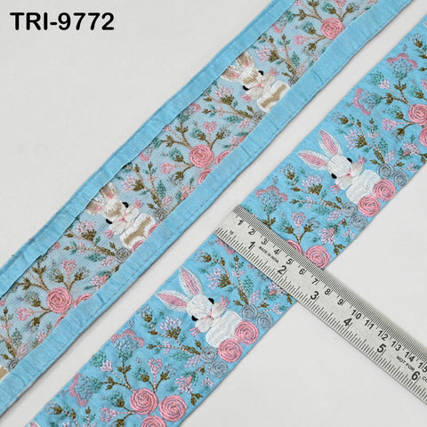 9 Yard Rabbit Embroidery Ribbon 8cm Indian Embroidered Fabric Trim Laces Sari Border Sewing Kids Accessory Junk Journals DIY Crafting Blue