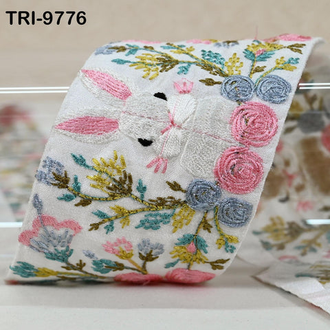 9 Yard Rabbit Embroidery Ribbon 8cm Indian Embroidered Fabric Trim Laces Sari Border Sewing Kids Accessory Junk Journals DIY Crafting White
