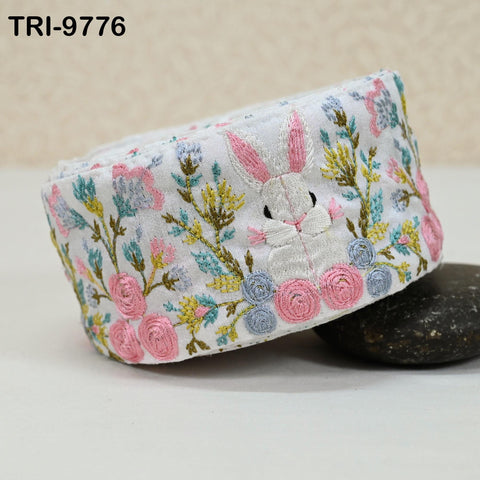 9 Yard Rabbit Embroidery Ribbon 8cm Indian Embroidered Fabric Trim Laces Sari Border Sewing Kids Accessory Junk Journals DIY Crafting White