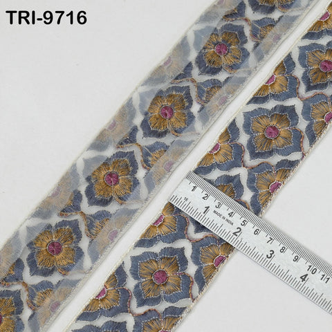 9 Yard Indian Embroidery Tulle Ribbon Trim 6 cm Embellishment Crafting Embroidered Sari Border Wedding Bridal Sash Belt Grey Junk Journal