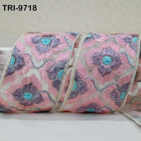 9 Yard Indian Embroidery Tulle Ribbon Trim Embellishment Crafting Embroidered Sari Border Wedding Bridal Sash Belt Pink 6 cm Junk Journals