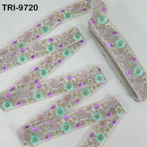 9 Yard Lavender Embroidery Ribbon Beaded Trims Sari Border DIY Craft Lampshade Regency Reticules Victorian Handbags Junk Journal 5cm Indian