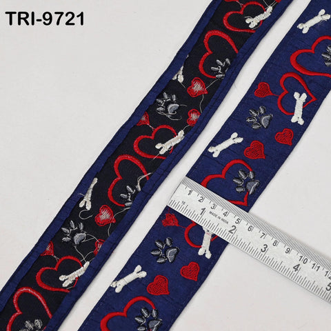 9 Yard Navy Blue Embroidery Ribbon Trim Hearts Indian Sari Border DIY Crafting Sewing Bag Straps for Kids Junk Journals Pet Accessories 5 cm