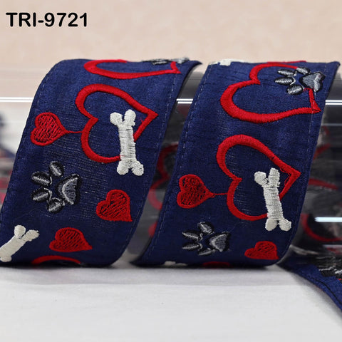 9 Yard Navy Blue Embroidery Ribbon Trim Hearts Indian Sari Border DIY Crafting Sewing Bag Straps for Kids Junk Journals Pet Accessories 5 cm