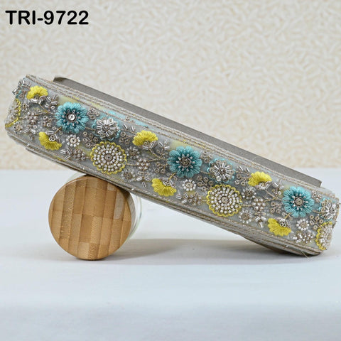 9 Yard Yellow Embroidery Ribbon Beaded Trims Sari Border DIY Craft Lampshade Regency Reticules Victorian Handbags Junk Journal 5cm Indian