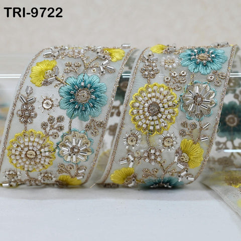 9 Yard Yellow Embroidery Ribbon Beaded Trims Sari Border DIY Craft Lampshade Regency Reticules Victorian Handbags Junk Journal 5cm Indian