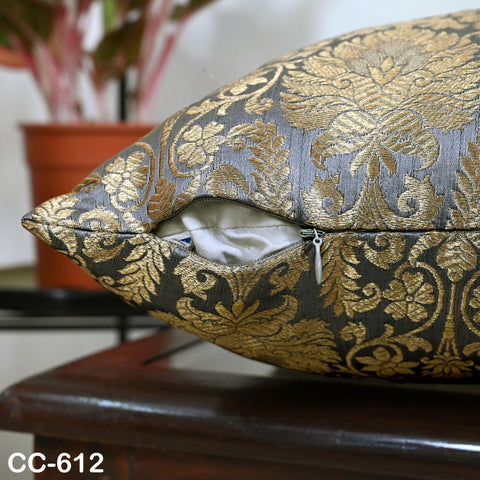 Grey and Gold Brocade Cushion Cover | Silk Luxury Pillowcase Square Pillow Sham Cover Decorative Sofa Bed Throw Pillow Designer Fabric