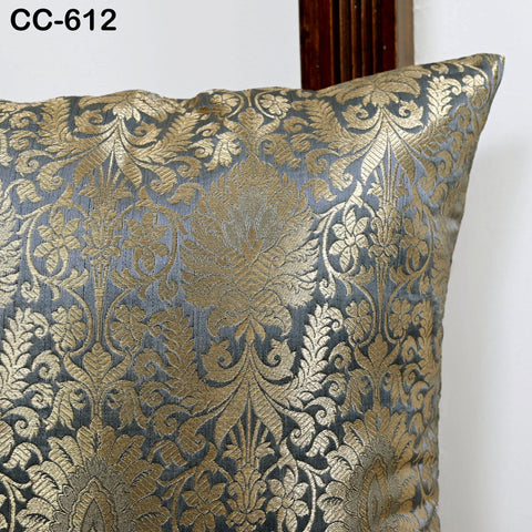 Grey and Gold Brocade Cushion Cover | Silk Luxury Pillowcase Square Pillow Sham Cover Decorative Sofa Bed Throw Pillow Designer Fabric