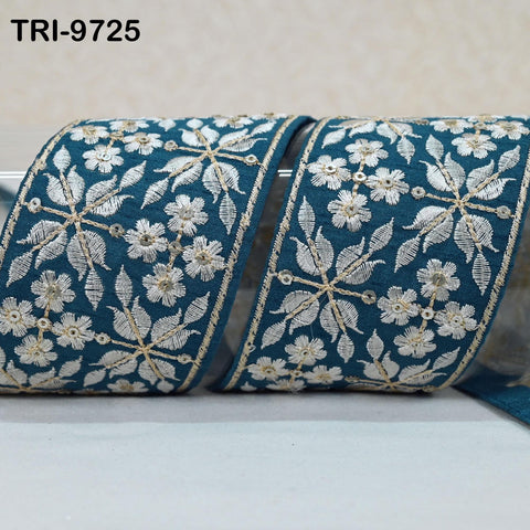9 Yard Blue Embroidery Ribbons 6cm Indian Sari Border Embroidered Crafting Sewing Tablecloth Lampshade making Home Decor Costumes Trimming