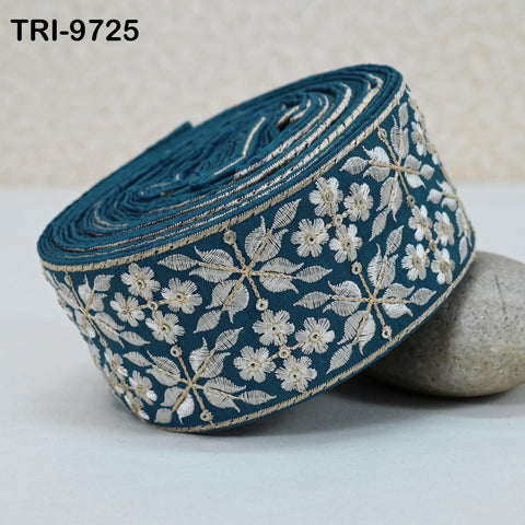 9 Yard Blue Embroidery Ribbons 6cm Indian Sari Border Embroidered Crafting Sewing Tablecloth Lampshade making Home Decor Costumes Trimming