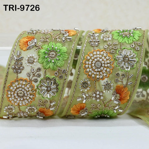 9 Yard Green Embroidery Ribbon Beaded Trims Sari Border DIY Craft Lampshade Regency Reticules Victorian Handbags Junk Journal 5cm Indian