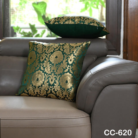 Green and Gold Brocade Cushion Cover | Silk Luxury Pillowcase Square Pillow Sham Cover Decorative Sofa Bed Throw Pillow Designer Fabric