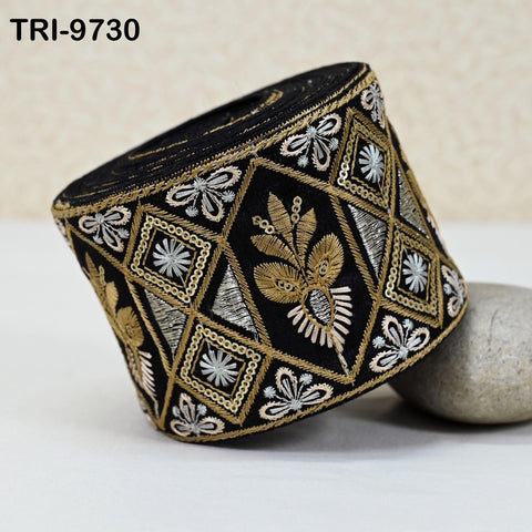3 Yard Embroidery Ribbons 9cm Trim Embellishment Embroidered Saree Border Theatrical Costumes DIY Crafting Sew Holidays Wreaths Decor Black