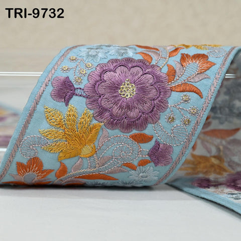 9 Yard Embroidery Ribbon Trim Decorative Costume DIY Craft Sewing Indian Embroidered Fabric Saree Border Junk Journals Beach Bags Blue 9cm