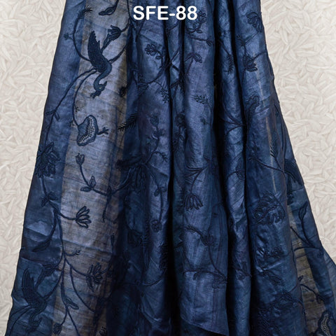 Pure Tussar Silk Embroidered Fabric by yard Indian Black Embroidery Raw Silk Wild Natural Handmade Fabric Peace Silk Tussah Dress Material