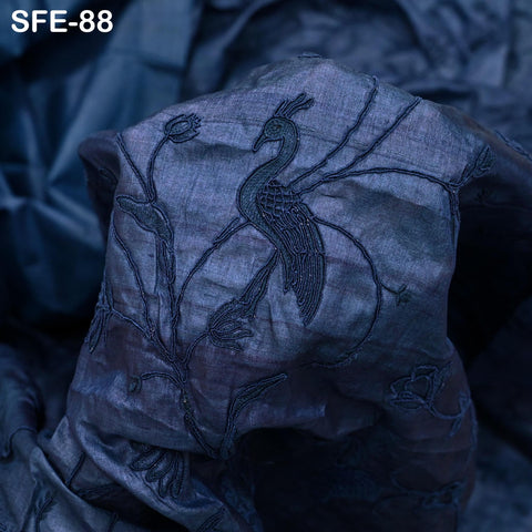 Pure Tussar Silk Embroidered Fabric by yard Indian Black Embroidery Raw Silk Wild Natural Handmade Fabric Peace Silk Tussah Dress Material