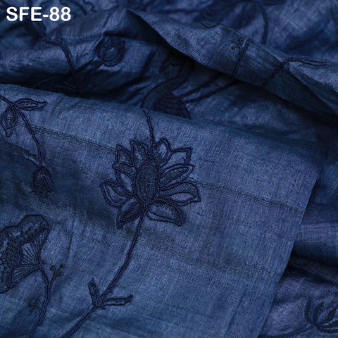 Pure Tussar Silk Embroidered Fabric by yard Indian Black Embroidery Raw Silk Wild Natural Handmade Fabric Peace Silk Tussah Dress Material