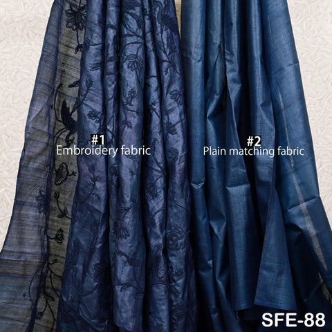 Pure Tussar Silk Embroidered Fabric by yard Indian Black Embroidery Raw Silk Wild Natural Handmade Fabric Peace Silk Tussah Dress Material