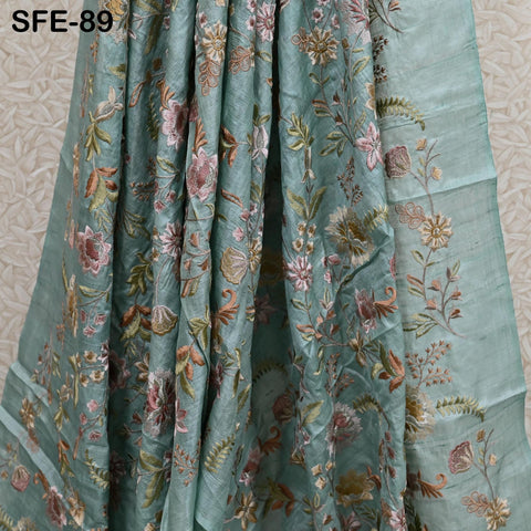 Beige Tussar Silk Embroidered Fabric by the Yard