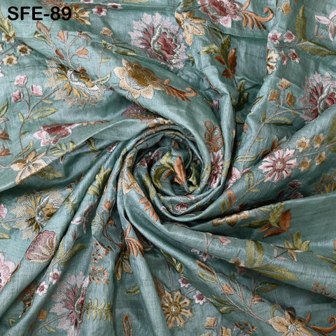 Beige Tussar Silk Embroidered Fabric by the Yard