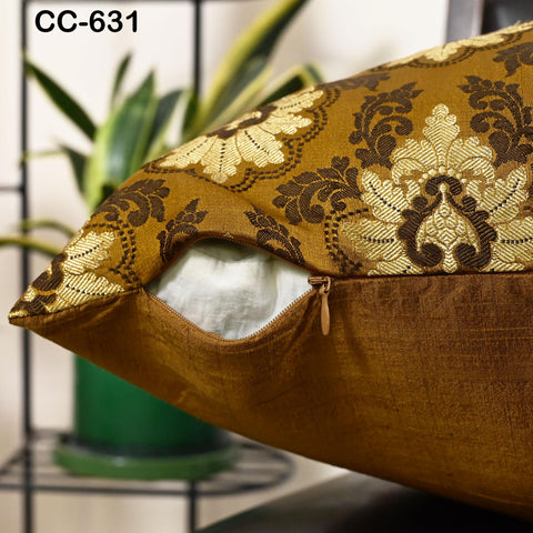 Brown Brocade Cushion Cover 20 Inch | Silk Throw Pillow | Traditional Indian Decorative Pillowcase | Sofa Decor | Festive Housewarming Gift