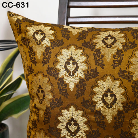 Brown Brocade Cushion Cover 20 Inch | Silk Throw Pillow | Traditional Indian Decorative Pillowcase | Sofa Decor | Festive Housewarming Gift