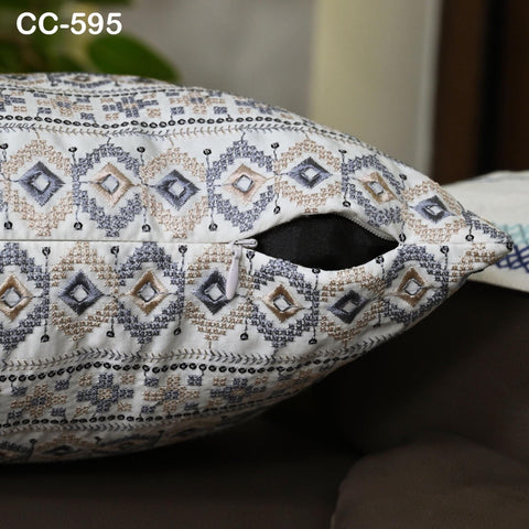 Boho Geometric Embroidered Pillowcase – Blue & Beige Embroidered Throw Pillow | Tribal Bohemian Sofa Decor | Handmade Cover | Turkish kilim