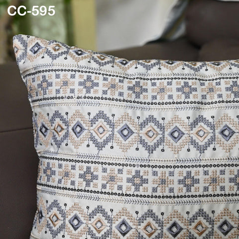 Boho Geometric Embroidered Pillowcase – Blue & Beige Embroidered Throw Pillow | Tribal Bohemian Sofa Decor | Handmade Cover | Turkish kilim