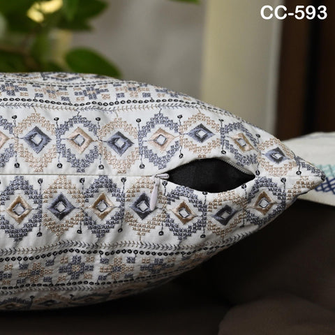 Boho Geometric Cushion Cover – Blue & Beige Embroidered Throw Pillow 16x16 | Tribal Bohemian Sofa Decor | Handmade Cover | Turkish kilim