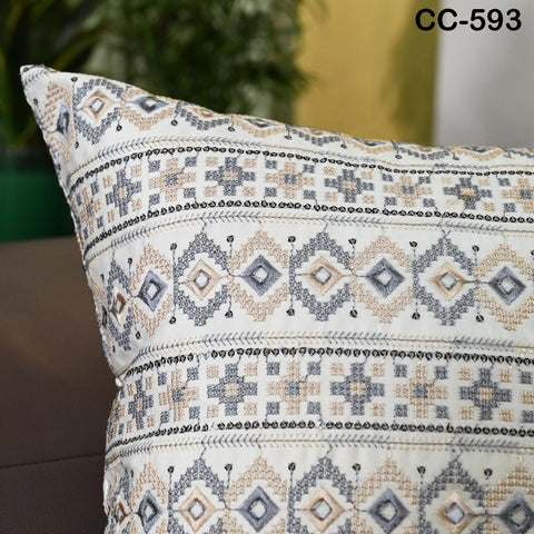 Boho Geometric Cushion Cover – Blue & Beige Embroidered Throw Pillow 16x16 | Tribal Bohemian Sofa Decor | Handmade Cover | Turkish kilim