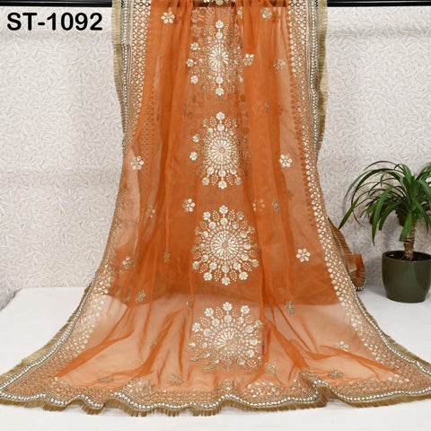 Orange Dupatta Sequin Embroidery Organza Dupatta Light Weight Indian Bridal Wedding Lehenga Women Chunni Veil Scarf Crafting Dress Gift Her