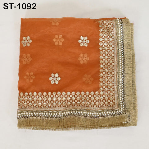 Orange Dupatta Sequin Embroidery Organza Dupatta Light Weight Indian Bridal Wedding Lehenga Women Chunni Veil Scarf Crafting Dress Gift Her