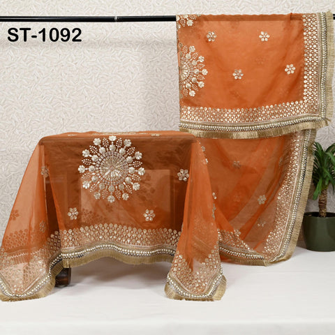 Orange Dupatta Sequin Embroidery Organza Dupatta Light Weight Indian Bridal Wedding Lehenga Women Chunni Veil Scarf Crafting Dress Gift Her