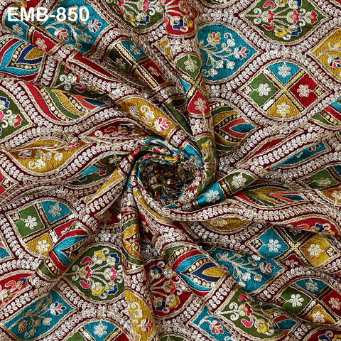 Maroon Indian Embroidery Fabric by the Yard Embroidered Georgette Sewing Curtain DIY Crafting Summer Women Dress Material Drapery Home Decor