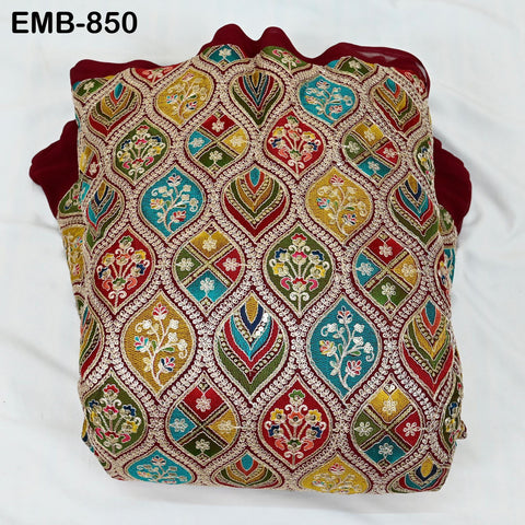 Maroon Indian Embroidery Fabric by the Yard Embroidered Georgette Sewing Curtain DIY Crafting Summer Women Dress Material Drapery Home Decor