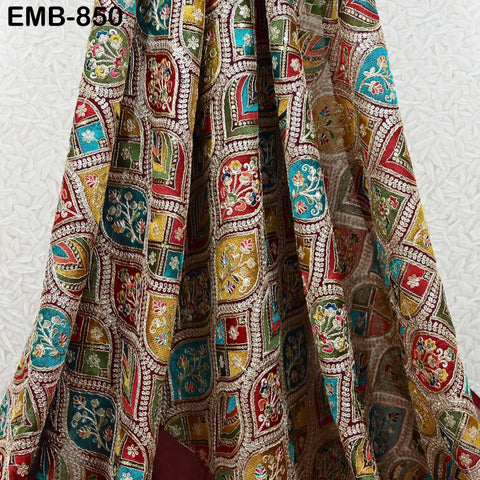 Maroon Indian Embroidery Fabric by the Yard Embroidered Georgette Sewing Curtain DIY Crafting Summer Women Dress Material Drapery Home Decor