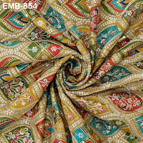 Yellow Indian Embroidery Fabric by the Yard Embroidered Georgette Sewing Curtain DIY Crafting Summer Women Dress Material Drapery Home Decor