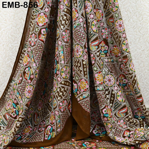 Brown Indian Embroidery Fabric by the Yard Embroidered Georgette Sewing Curtain DIY Crafting Summer Women Dress Material Drapery Home Decor