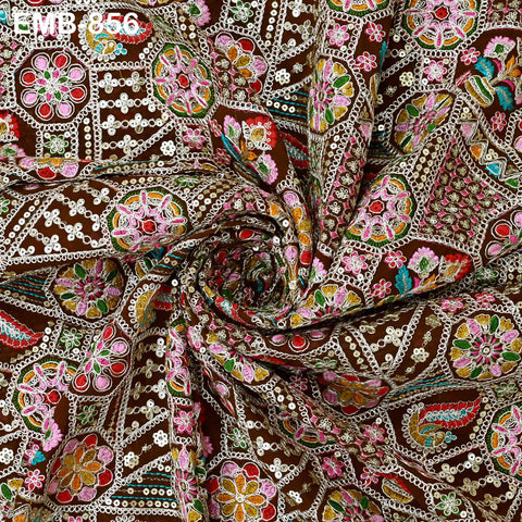Brown Indian Embroidery Fabric by the Yard Embroidered Georgette Sewing Curtain DIY Crafting Summer Women Dress Material Drapery Home Decor