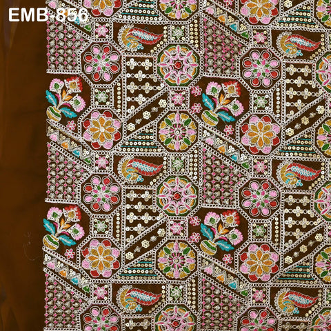 Brown Indian Embroidery Fabric by the Yard Embroidered Georgette Sewing Curtain DIY Crafting Summer Women Dress Material Drapery Home Decor