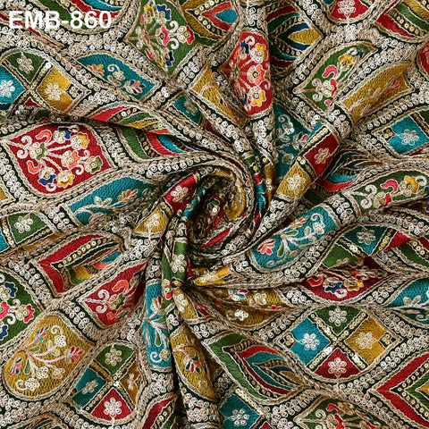 Green Indian Embroidery Fabric by the Yard Embroidered Georgette Sewing Curtain DIY Crafting Summer Women Dress Material Drapery Home Decor