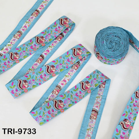 9 Yard Blue Indian Embroidery Ribbon 5cm Trim Squirrel Sari Border DIY Crafting Sewing Bag Straps Regency Reticules Home Decor Junk Journals
