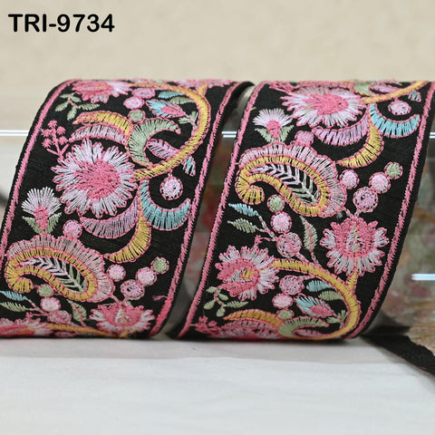 9 Yard Black Indian Embroidery Ribbon Trim Floral Sari Border DIY Crafting Sewing Bag Strap Regency Reticules Home Decor Junk Journals 5 cm
