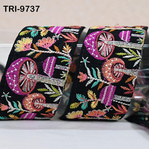 3 Yard Black Indian Embroidery Ribbon Mushroom Sari Border DIY Craft Sewing Bag Straps Regency Reticules Home Decor Junk Journal 5cm Trim